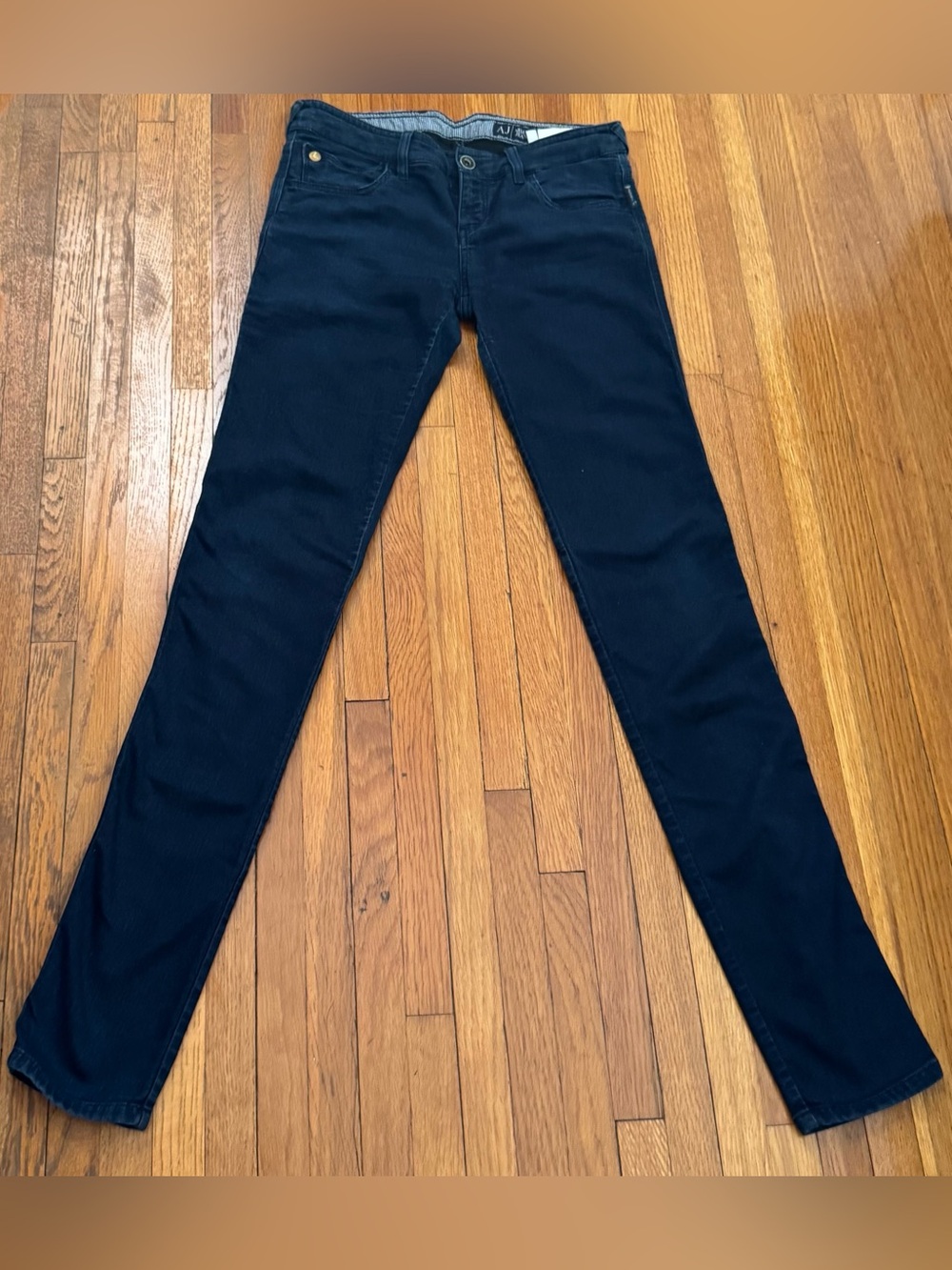Armani Jeans navy blue skinny slim designer jeans, size 28” luxury classic logo